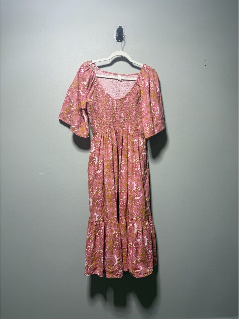Kate Quinn 100% Organic Cotton Smocked Flutter Sleeve Maxi Dress Pink L